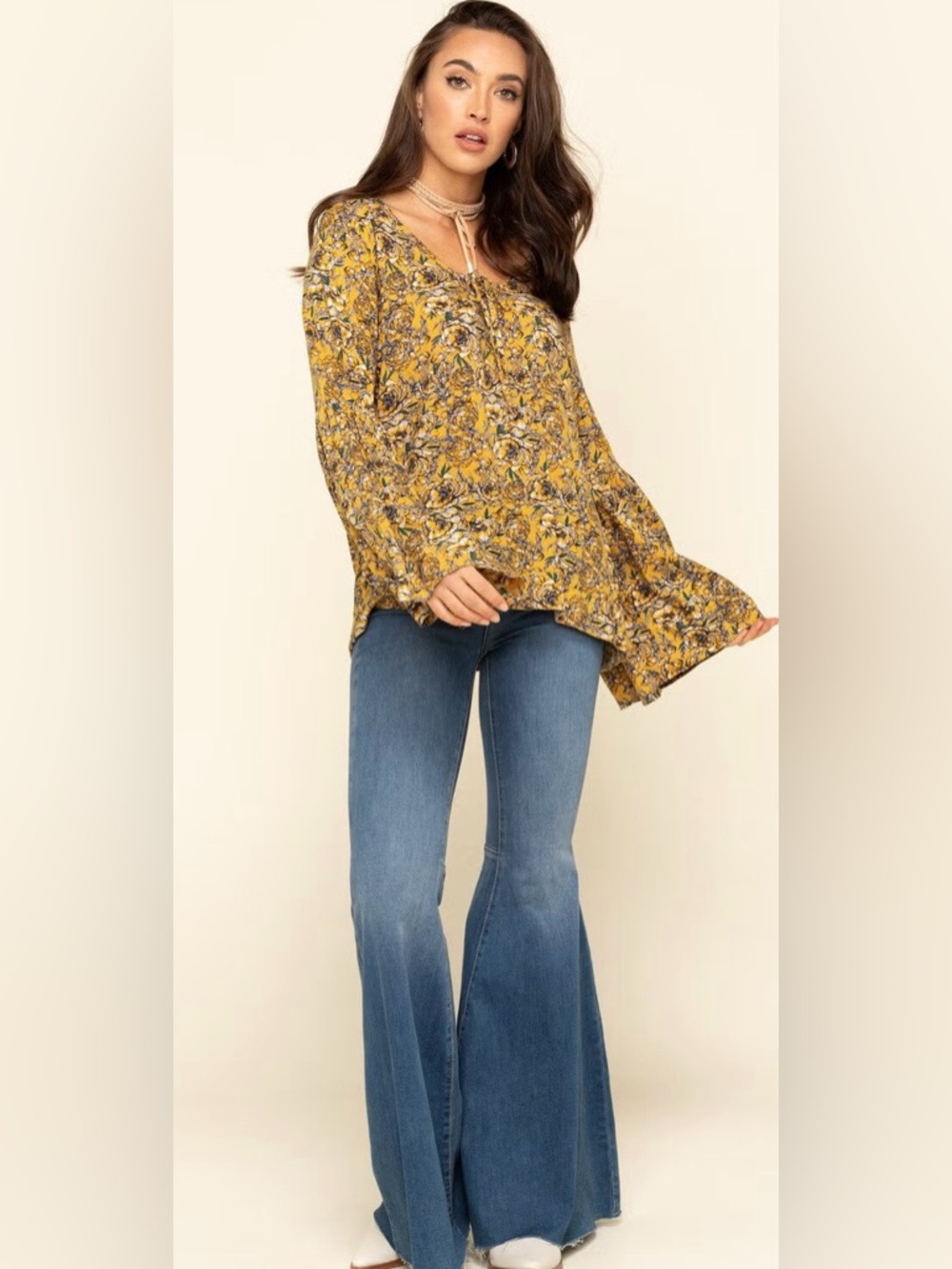 Rock & Roll Cowgirl Floral Bell Sleeve Top Medium Western Boho Festival Blouse